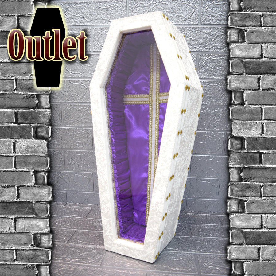 【Outlet棺/展示 試作品】50㎝サイズ アクリル扉 Doll Coffin BOX <アイボリーベロア/内装パープルサテン>OT-NO.006