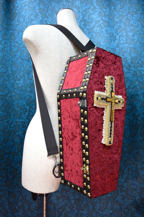 【Outlet棺/試作品】45㎝(内寸42㎝)背負えるDoll Coffin BOX<ワインレッド>