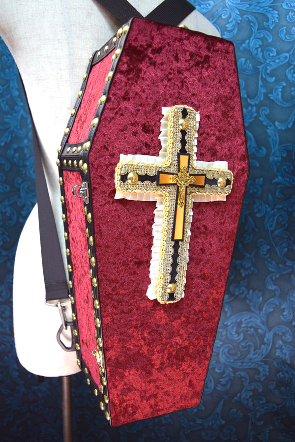 【Outlet棺/試作品】45㎝(内寸42㎝)背負えるDoll Coffin BOX<ワインレッド>