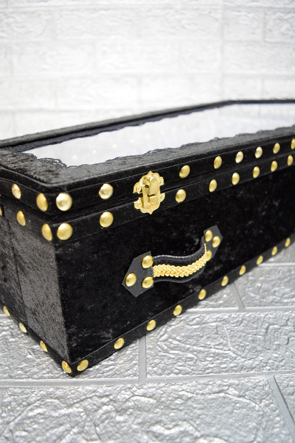 【Outlet棺/展示 試作品】70㎝サイズ アクリル扉 Doll Coffin BOX <ブラックベロア/内装ブルーサテン>OT-NO.005