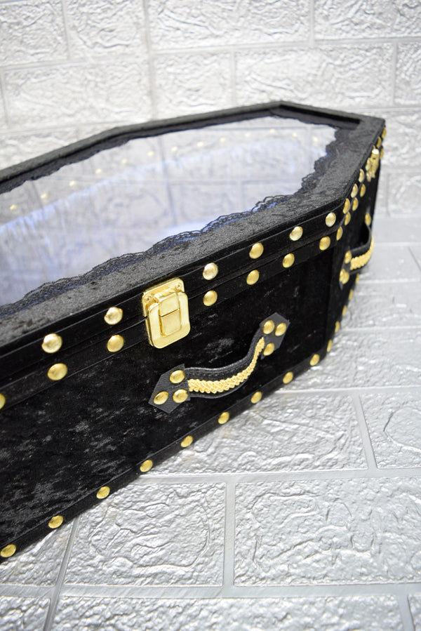 【Outlet棺/展示 試作品】70㎝サイズ アクリル扉 Doll Coffin BOX <ブラックベロア/内装ブルーサテン>OT-NO.005