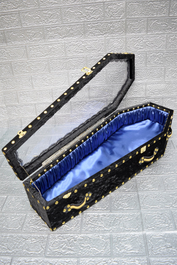 【Outlet棺/展示 試作品】70㎝サイズ アクリル扉 Doll Coffin BOX <ブラックベロア/内装ブルーサテン>OT-NO.005