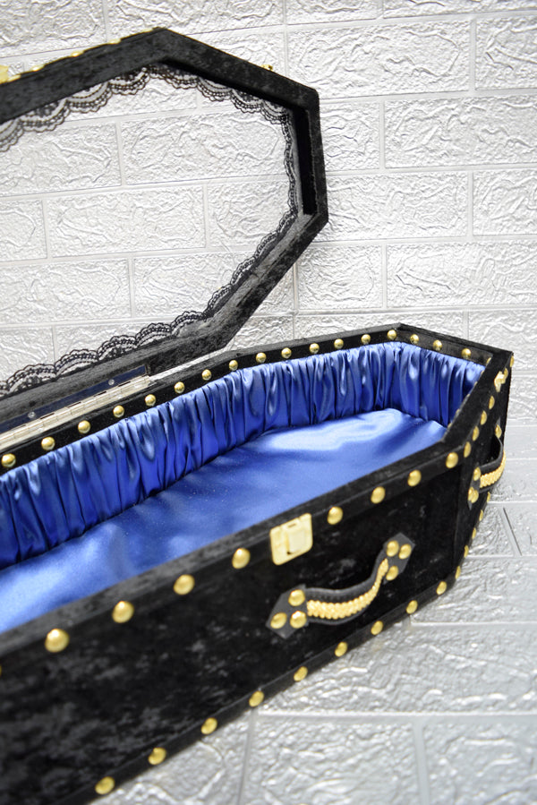 【Outlet棺/展示 試作品】70㎝サイズ アクリル扉 Doll Coffin BOX <ブラックベロア/内装ブルーサテン>OT-NO.005