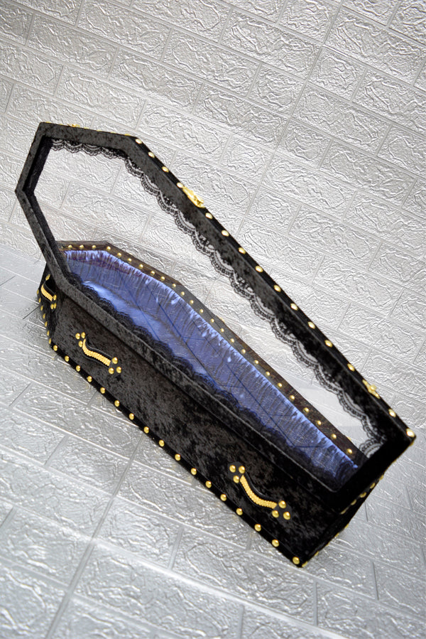 【Outlet棺/展示 試作品】70㎝サイズ アクリル扉 Doll Coffin BOX <ブラックベロア/内装ブルーサテン>OT-NO.005