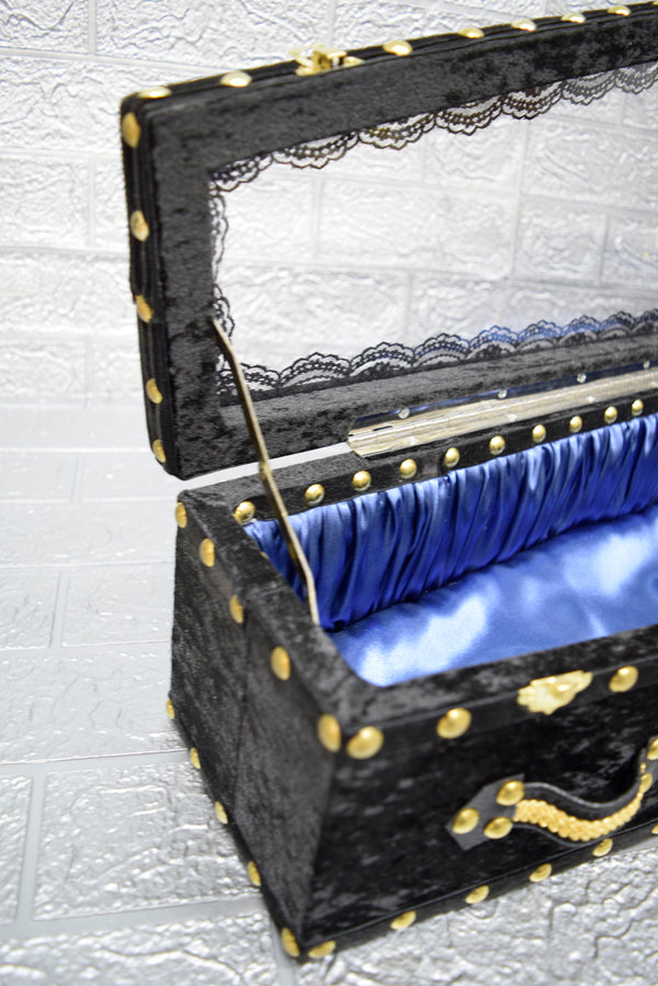 【Outlet棺/展示 試作品】70㎝サイズ アクリル扉 Doll Coffin BOX <ブラックベロア/内装ブルーサテン>OT-NO.005