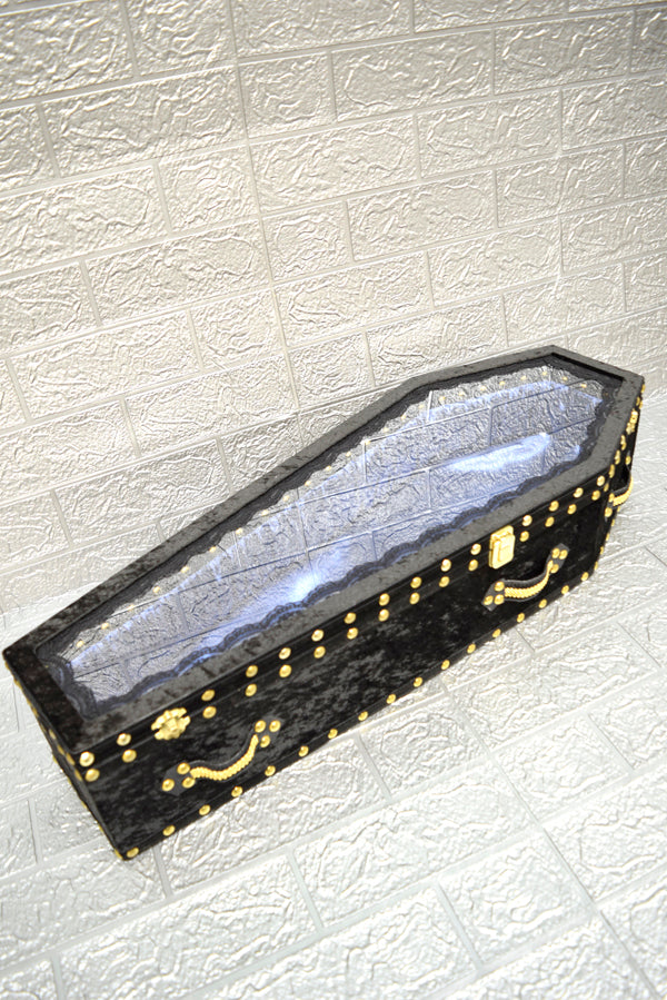【Outlet棺/展示 試作品】70㎝サイズ アクリル扉 Doll Coffin BOX <ブラックベロア/内装ブルーサテン>OT-NO.005