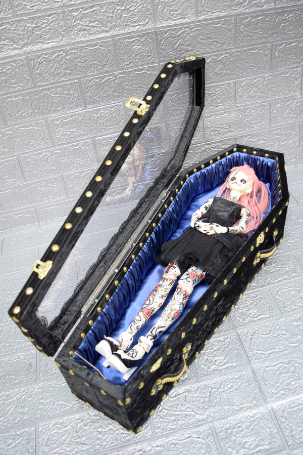 【Outlet棺/展示 試作品】70㎝サイズ アクリル扉 Doll Coffin BOX <ブラックベロア/内装ブルーサテン>OT-NO.005