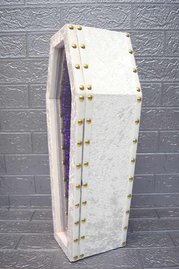 【Outlet棺/展示 試作品】50㎝サイズ アクリル扉 Doll Coffin BOX <アイボリーベロア/内装パープルサテン>OT-NO.006