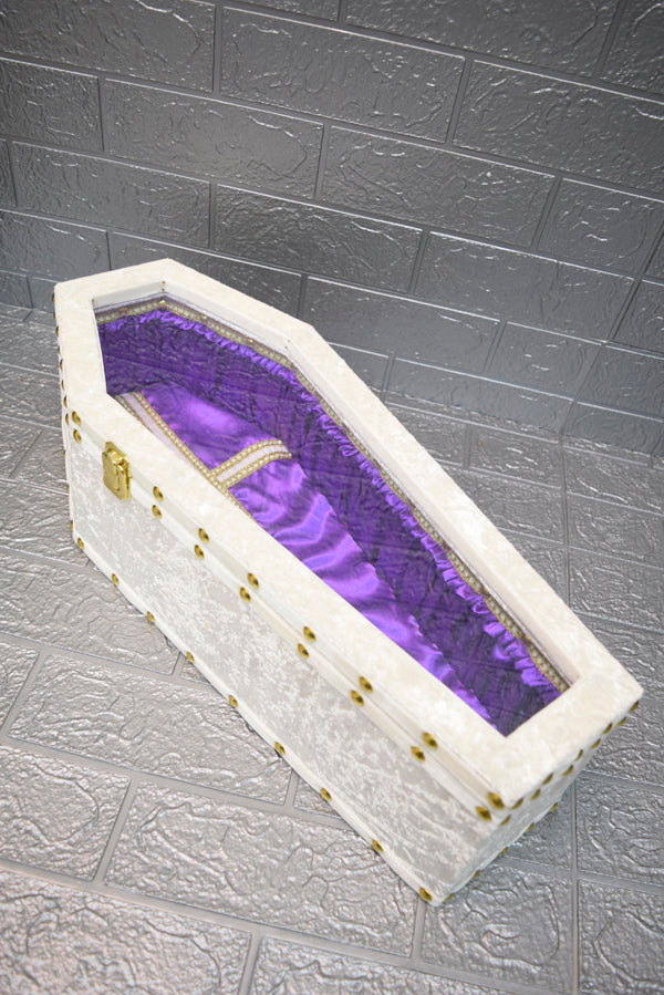 【Outlet棺/展示 試作品】50㎝サイズ アクリル扉 Doll Coffin BOX <アイボリーベロア/内装パープルサテン>OT-NO.006