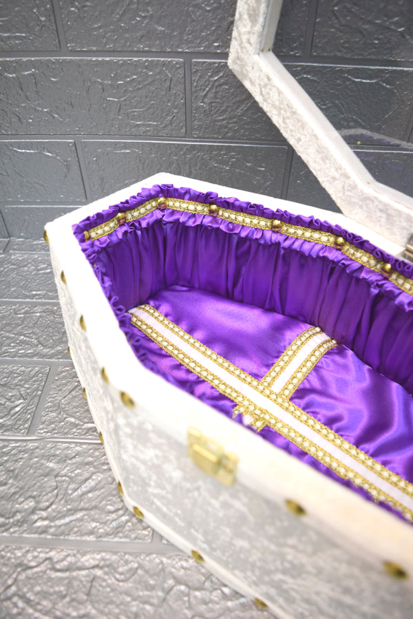 【Outlet棺/展示 試作品】50㎝サイズ アクリル扉 Doll Coffin BOX <アイボリーベロア/内装パープルサテン>OT-NO.006