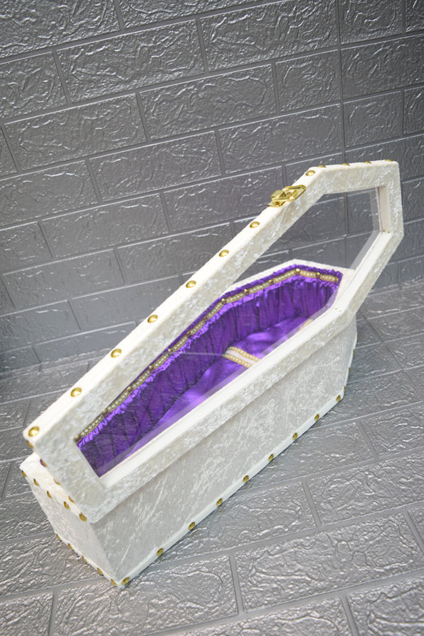【Outlet棺/展示 試作品】50㎝サイズ アクリル扉 Doll Coffin BOX <アイボリーベロア/内装パープルサテン>OT-NO.006