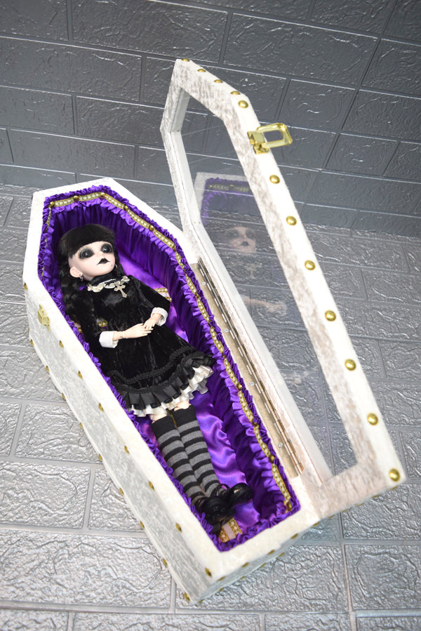 【Outlet棺/展示 試作品】50㎝サイズ アクリル扉 Doll Coffin BOX <アイボリーベロア/内装パープルサテン>OT-NO.006