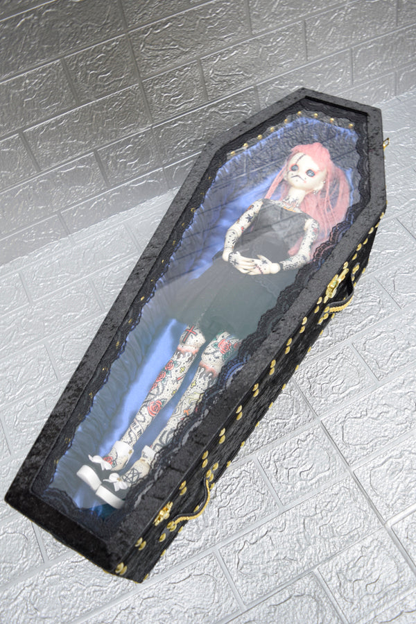【Outlet棺/展示 試作品】70㎝サイズ　アクリル扉 Doll Coffin BOX ＜ブラックベロア/内装ブルーサテン＞OT-NO.005